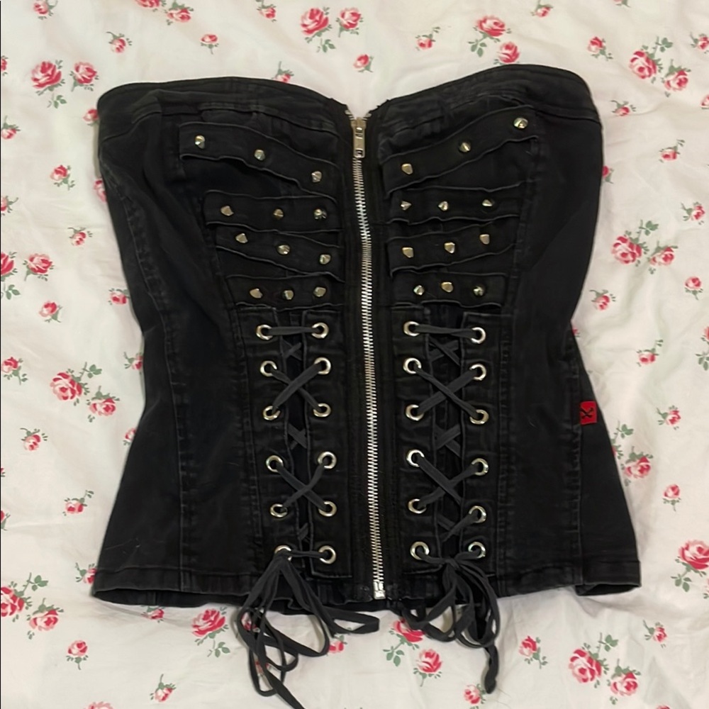 Royal Bones Black Studded Corset Top Zip Up Front Size Small